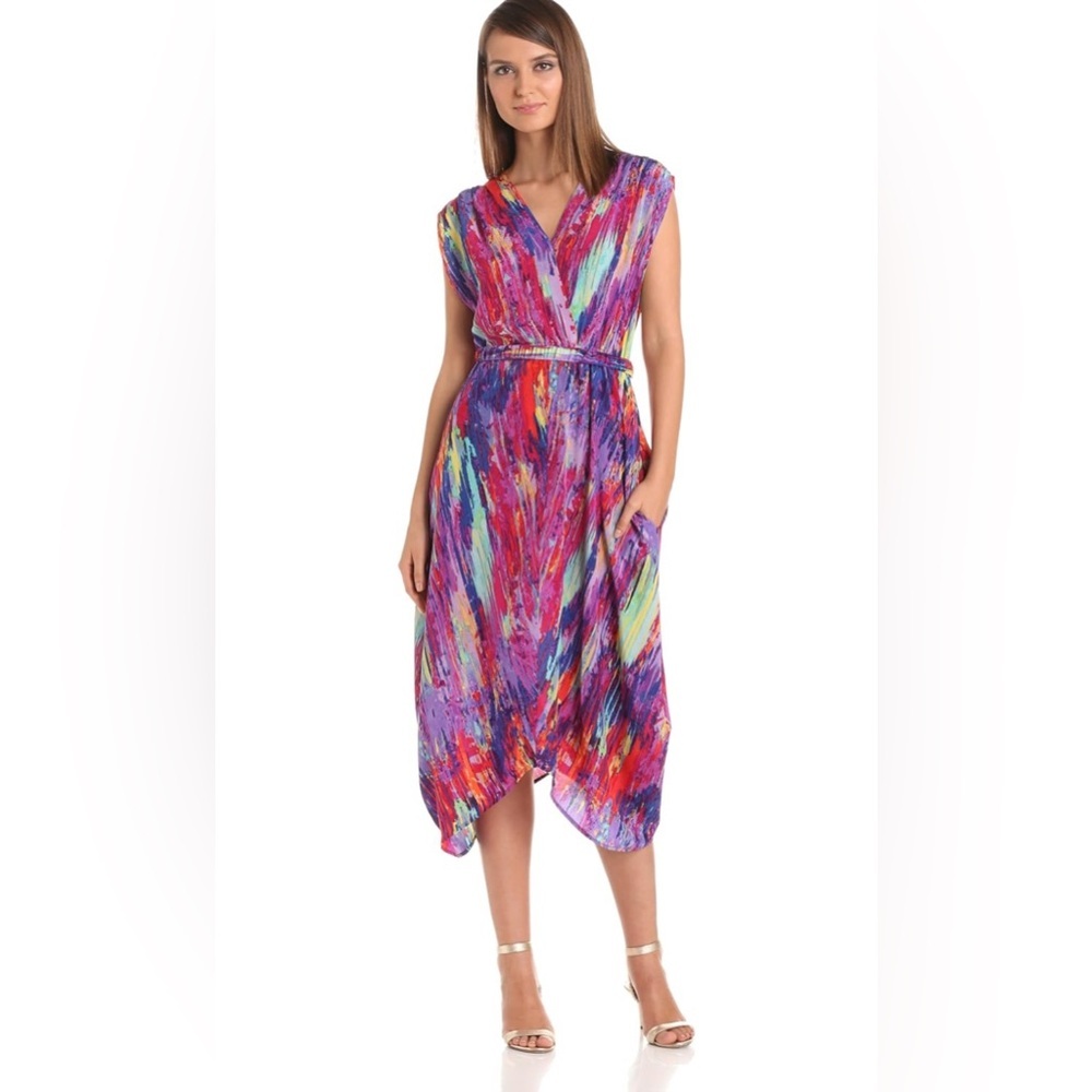Charlie Jade Women's Multicolor 100% Silk‎ Belted Faux Wrap Dress Size XS